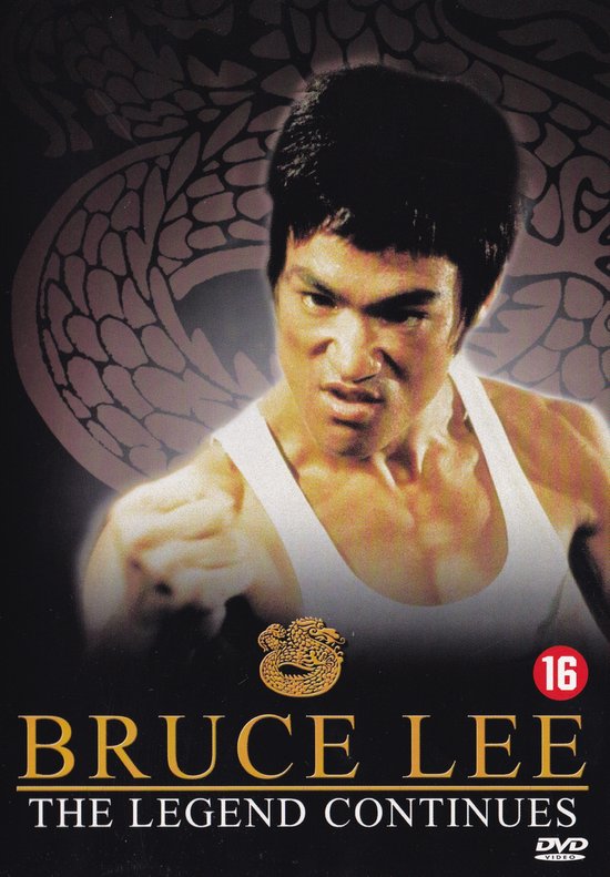 Bruce Lee in witte tanktop, met rode 16 en DVD logo. Titel: BRUCE LEE THE LEGEND CONTINUES.