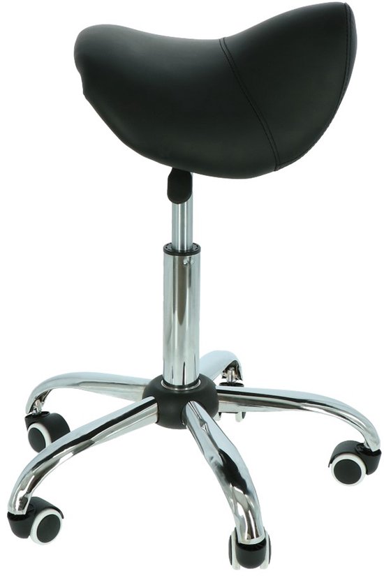 Alora zadelkruk - Tabouret – Zwart/Chrome - kruk – kapperskruk - Ergonomische zadelstoel op wielen