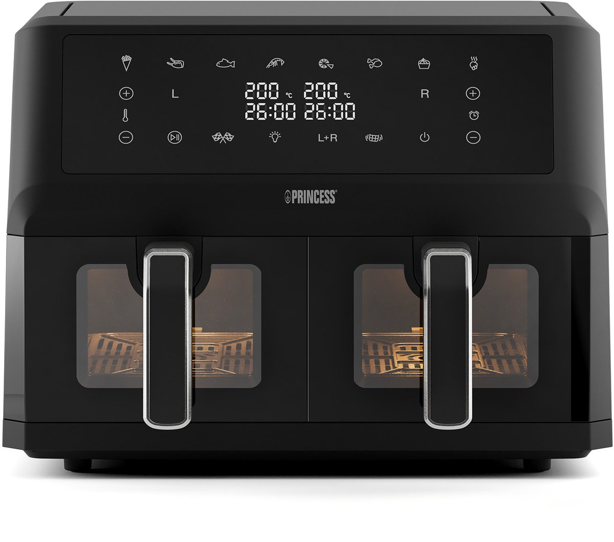 Afbeelding 2 van Princess Double Basket Airfryer 182276 - Dubbele Airfryer - 11 liter - 2 manden x 5,5liter - XXXL - Kijkvenster - 8 programma's - 2400W - PFas vrij - Touchscreen - Zwart - Sync functie