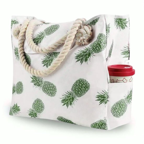 Ultiluxe® Grote strandtas ananas - Groen/wit - XXL schoudertas voor volwassenen - 52 x 38 x 15 - Handtas met magnetische sluiting - Zijvakken - Waterdicht - Veel vakken - Zwemtas, shopper, weekendtas - Grote capaciteit