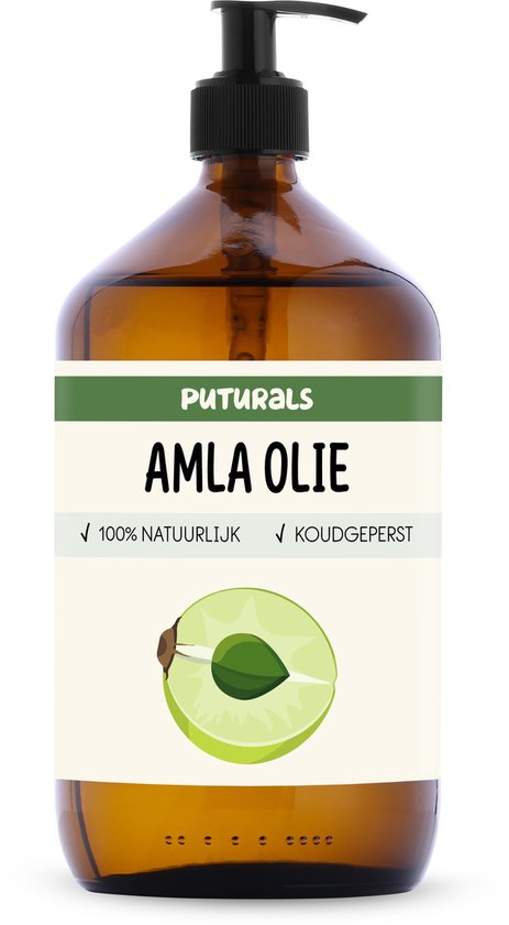 Bruine glazen pompfles met etiket 'Puturals Amla Olie 100% Natuurlijk Koudgeperst' en een illustratie van een amla vrucht.