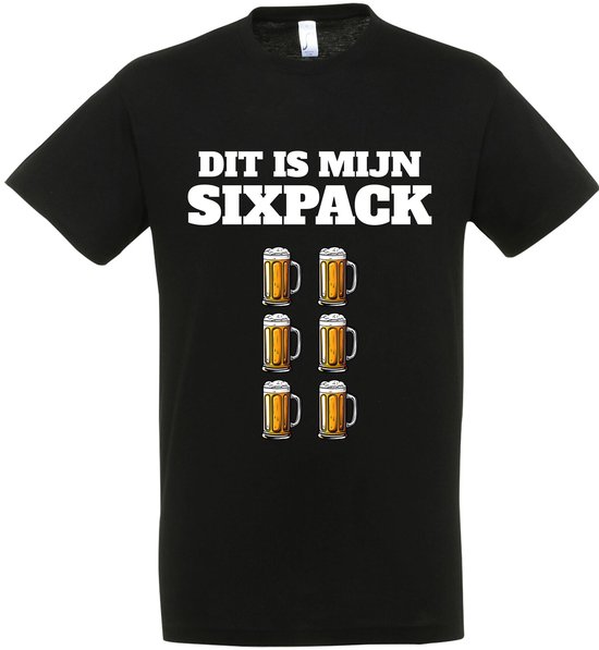 Zwart T-shirt met witte tekst "DIT IS MIJN SIXPACK" en zes bierpullen.