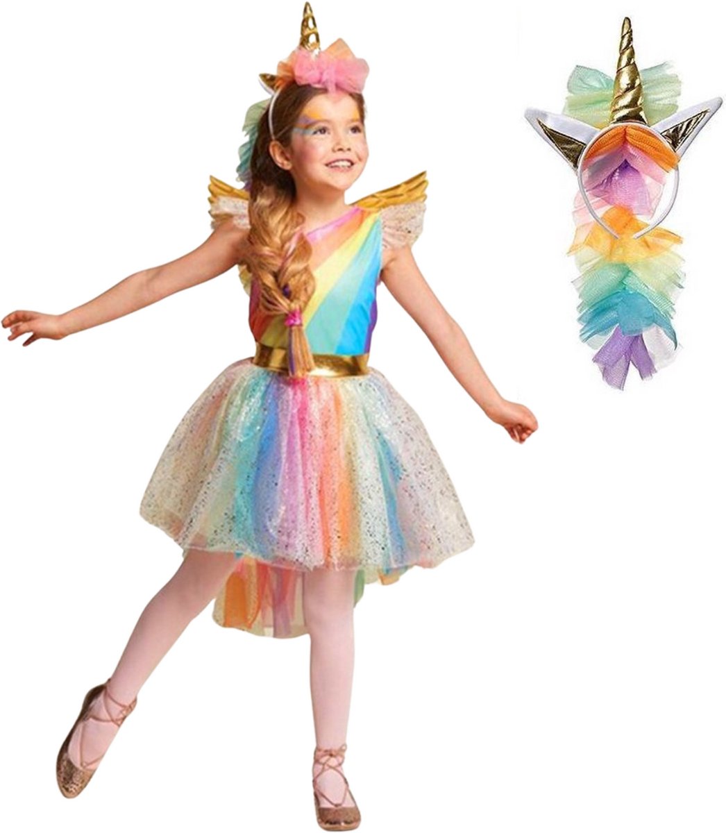Joya Kids® Regenboog Eenhoorn Verkleed Jurk Set | Unicorn Jurk kostuum | Prinsessen jurk verkleedjurk + Haarband | Maat 140-146 - XL | Cadeau meisje