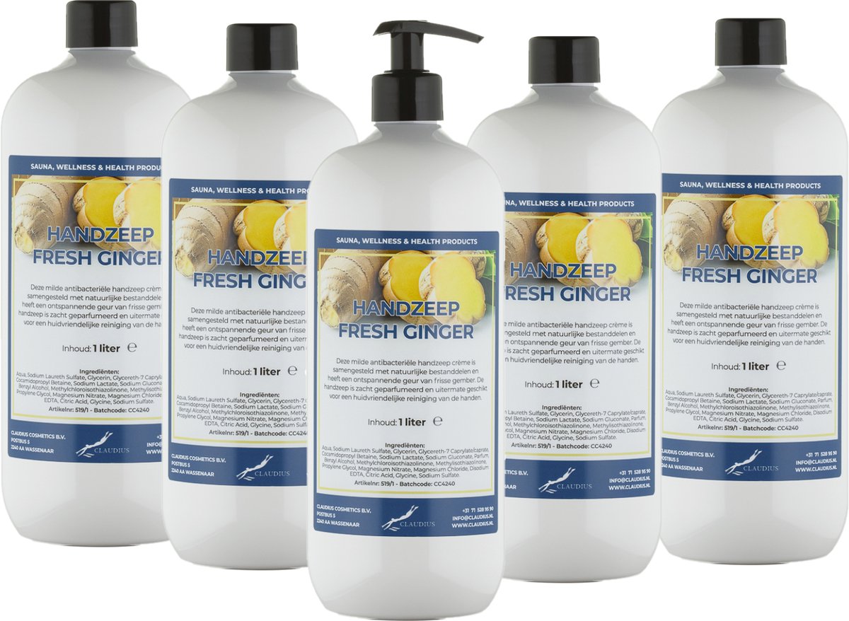Handzeep Fresh Ginger 1 liter - met gratis pomp - set van 5 stuks - Voordeelverpakking
