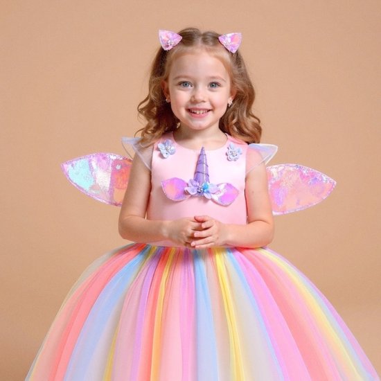 Joya® Robe d'habillage licorne rose | Déguisement Unicorn | Robe de princesse Dress Up Dress + Bandeau | Taille 104-110 (110)