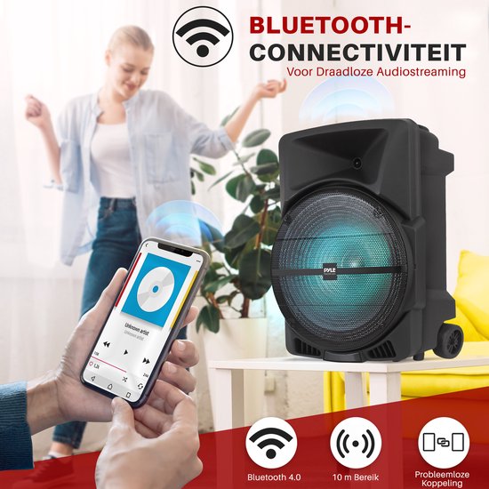 Pyle Bluetooth Party Speaker, Draagbare Speaker met Wielen - 1200W- USB, MP3, AUX 3,5mm Ingang - Knipperende Partylamp - FM Radio — afbeelding 2