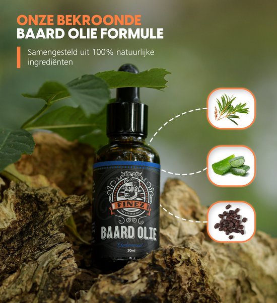 Finez Baardolie Amberwood fles op een boomstronk met blaadjes. Drie iconen tonen ingrediënten: rozemarijn, aloë vera en zwarte zaadjes.