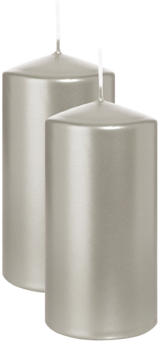 Wiedemann Cilinderkaars/stompkaars - 2x - metallic zilver - 12 x 6 cm - 33 branduren - zuilkaarsen
