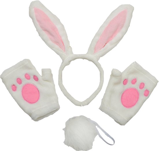 Wit konijnenkostuum met roze binnenoor, potenwarmers met roze pootafdrukken en een pluizige witte staart.