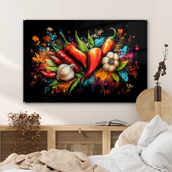 MuchoWow® Peinture sur verre 120x80 cm - Peinture acrylique sur verre - Légumes - Poivrons - Ail - Graffiti - Peinture - Coloré - Photo sur verre - Décoration murale salon - Décoration murale chambre - Peintures