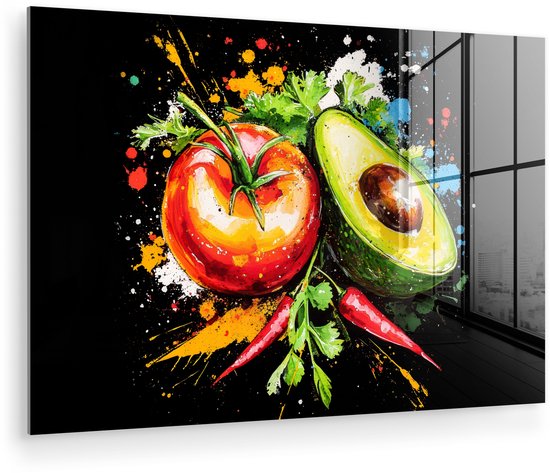 MuchoWow® Glasschilderij 120x80 cm - Schilderij acrylglas - Tomaat - Avocado - Peper - Graffiti - Verf - Modern - Foto op glas - Muurdecoratie woonkamer - Wanddecoratie slaapkamer - Schilderijen
