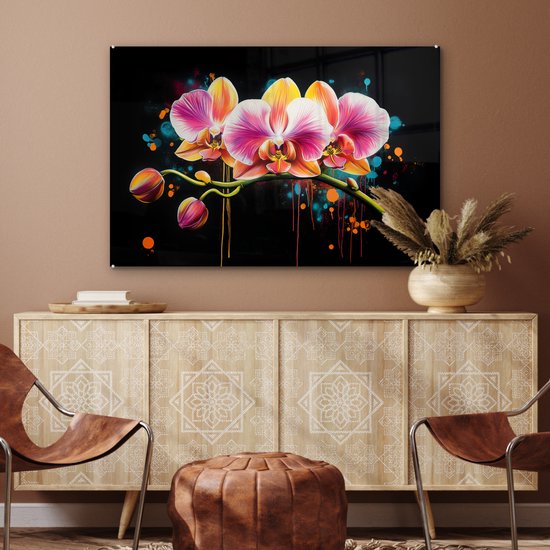 MuchoWow® Tableau sur verre 120x80 cm - Tableau sur verre acrylique - Orchidée - Graffiti - Coloré - Fleurs - Abstrait - Photo sur verre - Décoration murale salon - Décoration murale chambre - Peintures