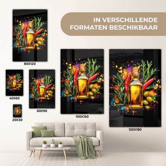 MuchoWow® Glasschilderij 80x120 cm - Schilderij acrylglas - Olijfolie - Graffiti - Peper - Olijven - Modern - Foto op glas - Muurdecoratie woonkamer - Wanddecoratie slaapkamer - Schilderijen
