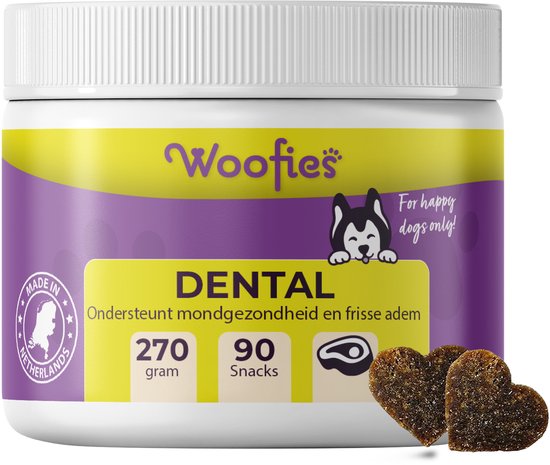 Frisse adem & gezond gebit snacks voor hond - Dental Bright Dog - Voorkomt stinkende adem - Alternatief voor Tandpasta Hond & Tandenborstel - Natuurlijk - 270 gram 90 chews - Woofies