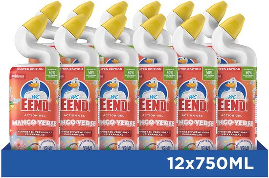 Een 12-pack WC Eend Mango-Verse actie gel met de kenmerkende gebogen hals