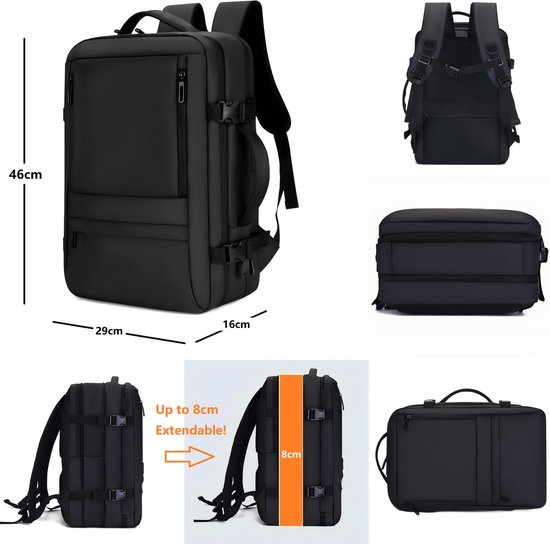 Backpack Rugtas Rugzak voor School Reizen Werk Vliegtuig laptop Cabin Bag 45x36x20 Nieuwe Easyjet 17 Inch Antidiefstal Hand Bagage Goedgekeurd Carry On Bag Holiday Flight Bag Trending Waterafstotend Waterdicht Zakelijk school vakantie Zwart