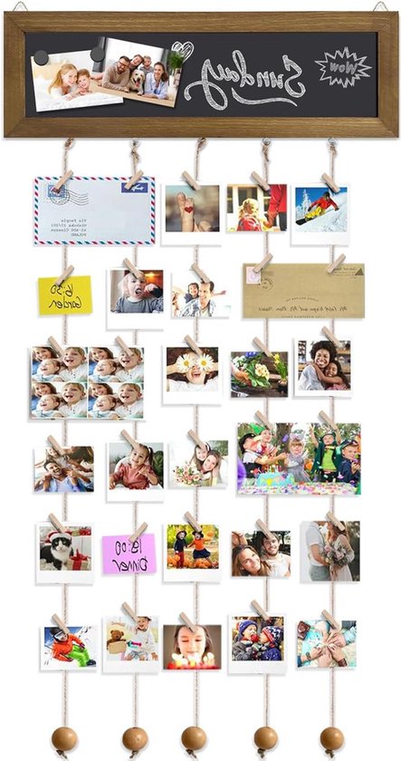 QINGYIWL Fotowand met klemmen, fotogordijn met 30 houten klemmen, klein, fotolijst met koord voor het ophangen van foto's en decoraties