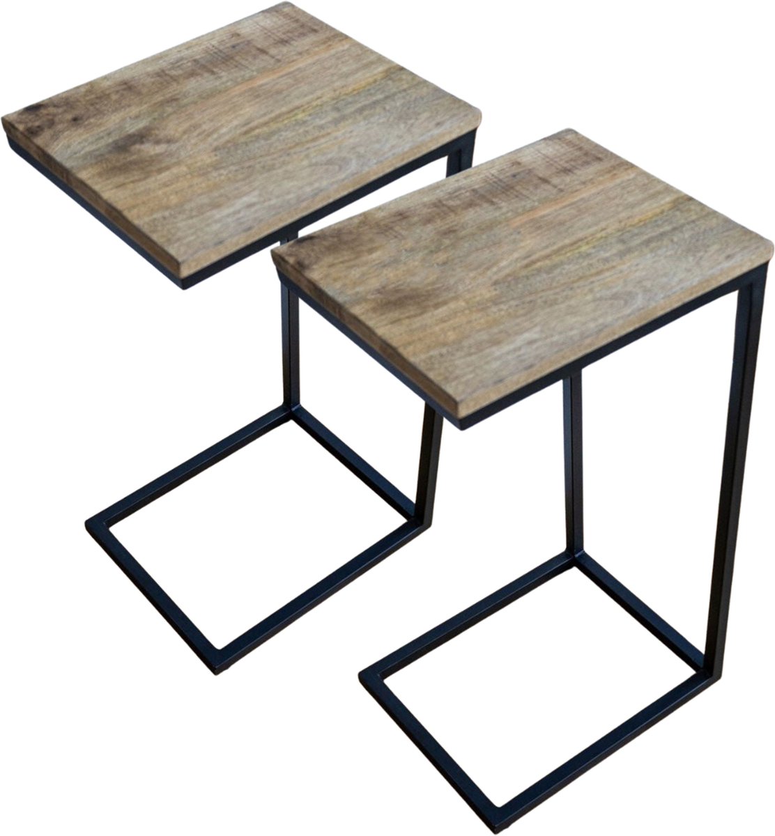 Luxe Bijzettafel voor over de bank (SET 2 STUKS) | Mangohout en Staal | 38x31x68cm Banktafel - Laptoptafel bijzettafel - Laptop Table - Laptop Tafel Schoottafel Bedtafel - Bank laptoptafel - Banktafeltje Bijzettafeltje (68cm hoogte) - Set van 2