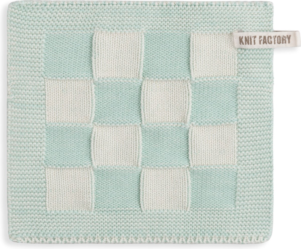 Knit Factory Gebreide Pannenlap Block - Pannenlappen gemaakt van 50% katoen & 50% acryl - Blokken motief - Traditionele look - 1 stuk - Ecru/Mint - Lichtgroen - 23x23 cm