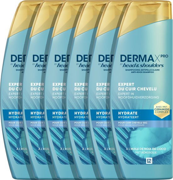 Rangée de six bouteilles de shampoing bleu clair Head & Shoulders DermaXPro avec bouchons dorés. Texte "HYDRATE HYDRATEERT POUR CUIR CHEVELU SEC" et "À L'HUILE DE NOIX DE COCO".
