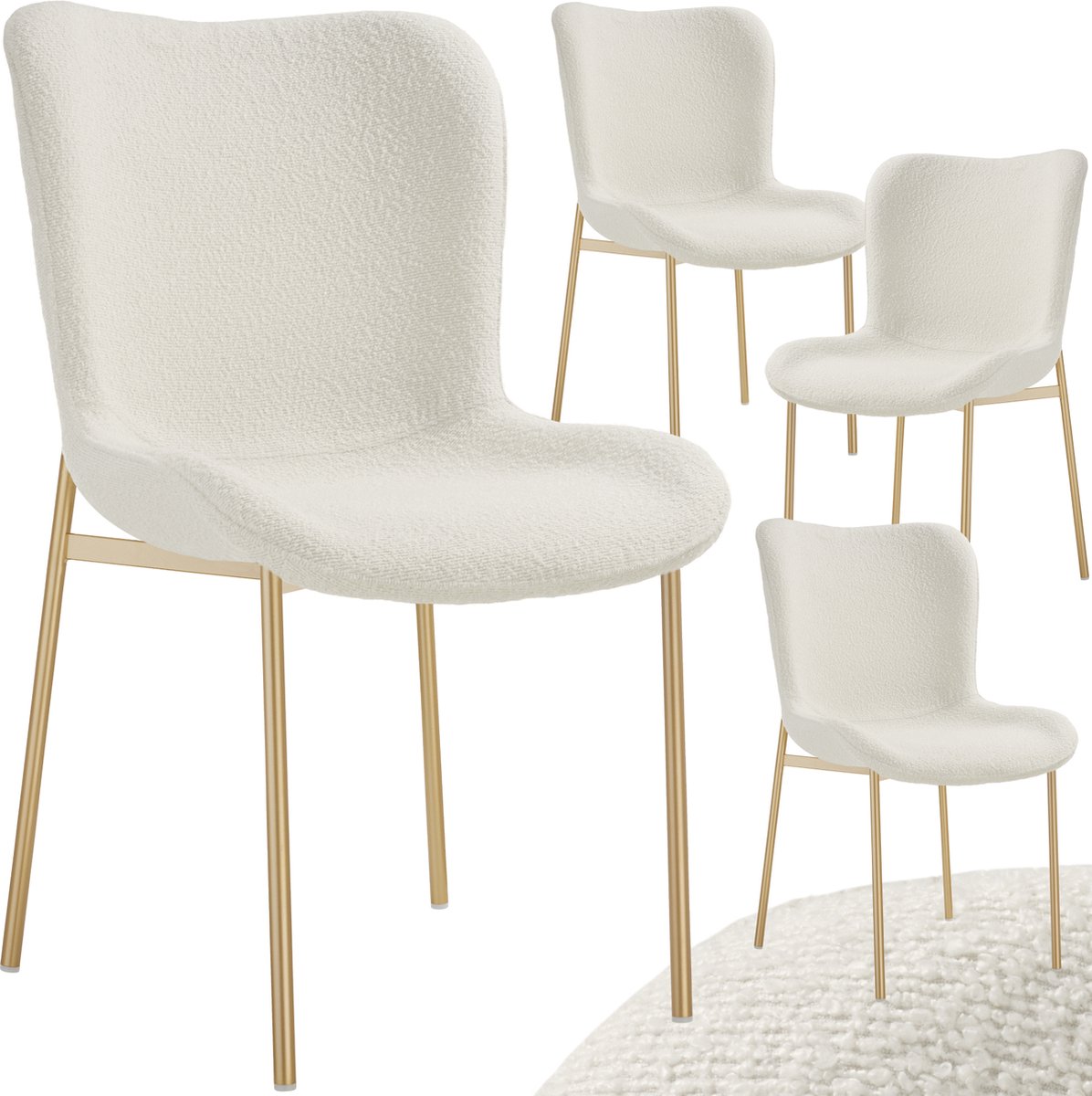 tectake® Gestoffeerde stoel - Eetkamerstoel - Bouclé stof - Ergonomische vorm - Hoge rugleuning - Draagkracht 120 kg - Diverse kleuren - Set van 4 - Wit/goud