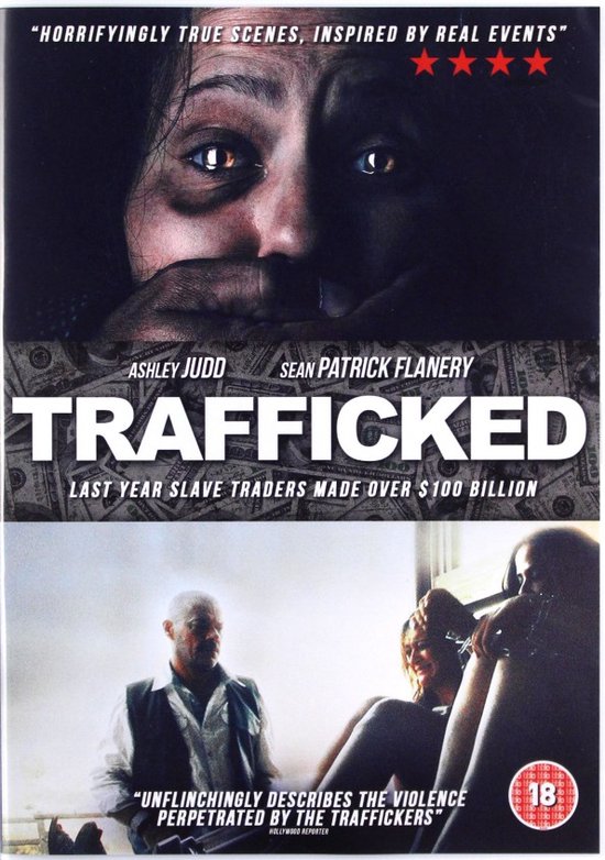 Voorkant dvd-hoes: close-up van vrouwengezicht, geld en filmtitel 'TRAFFICKED'.