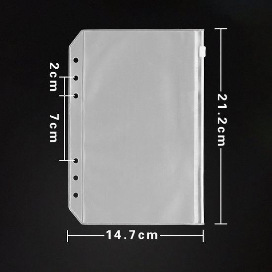 Transparant A5 ritszakje van 14,7 x 21,2 cm, met 6 ringgaten aan de zijkant.