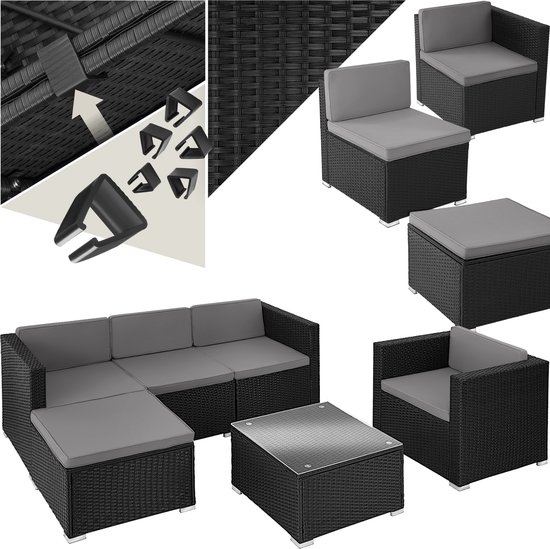 Ensemble lounge noir en résine tressée avec coussins gris, avec détail des clips de connexion et des pièces détachées.