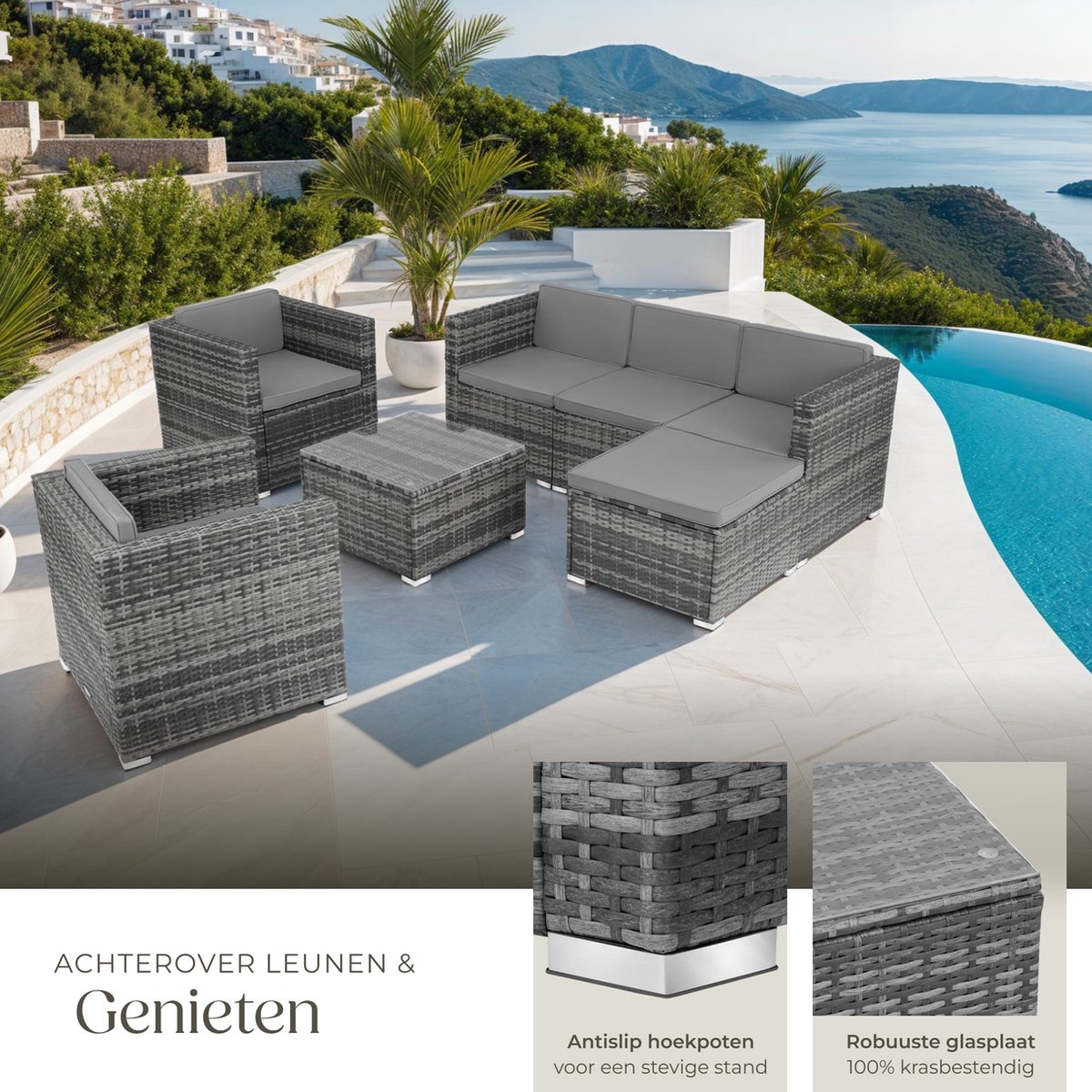 tectake® wicker Loungeset, buitenzitgroep, set met bank, 2 fauteuils, kruk, tafel, vrij combineerbaar, tuinmeubelen voor 5-6 personen, voor tuin, terras, balkon, inclusief kussens - grijs - poly-rattan thumbnail 3