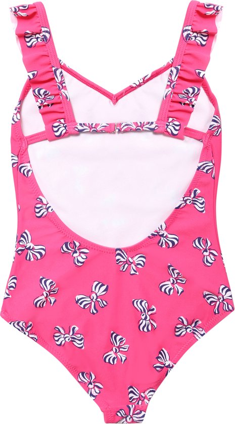Fuchsia roze badpak met ruches, gestreepte strikjesprint, open rug.