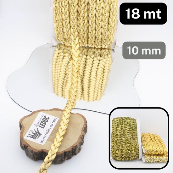 18 meter goudkleurig gevlochten sierlint van 10 mm breed.