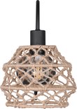 Zwarte metalen armatuur met een kap van naturel touw in macramé-stijl, E27 lamp zichtbaar.