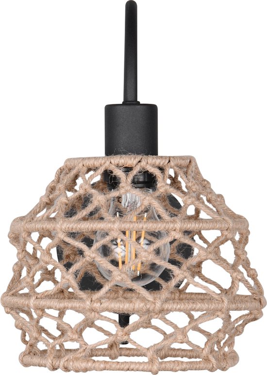 Zwarte metalen armatuur met een kap van naturel touw in macramé-stijl, E27 lamp zichtbaar.