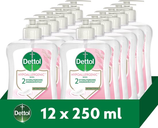 Doos met 12 flessen Dettol Sensitive hydraterende handzeep, 250 ml per stuk.