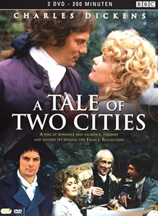 DVD hoes voor 'A Tale of Two Cities' met Charles Dickens, met een groep acteurs in historische kleding.