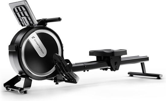 Zwarte Sportstech roeitrainer met zilveren accenten, getoond in een studio-opstelling.