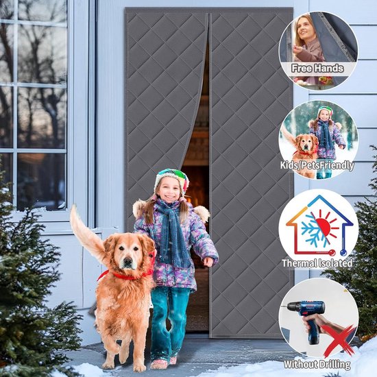 Thermische Deur Gordijn, Dikke Oxford & Katoenen Tochtstopper met Magnetische Sluiting, Geluidsisolerend & Huisdiervriendelijk, Eenvoudig te Installeren(Black,90X200cm