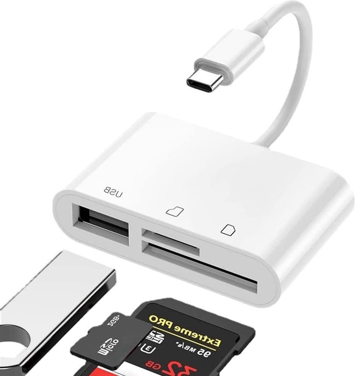 USB C SD TF Kaartlezer voor MacBook Laptops Galaxy Telefoons - Wit