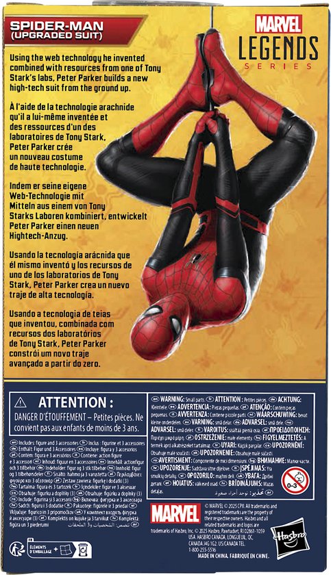 Achterkant verpakking met Spiderman hangend aan een web, rode met zwarte details.