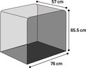 Diagram van een box met afmetingen: 76 cm lang, 57 cm breed en 65,5 cm hoog.