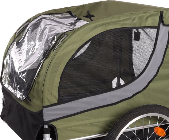 Detail van een groene fietskar met een doorzichtig dakraam en mesh zijkanten.
