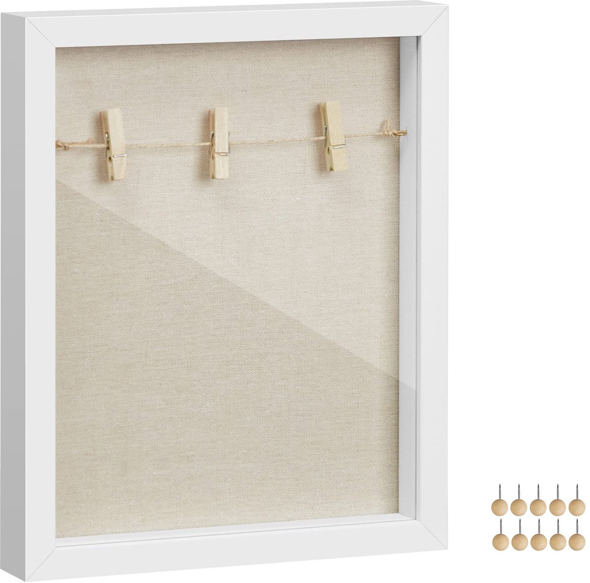 SONGMICS Shadow Box Frame, Picture Frame met Twine, wasknijpers en Stick Pins, voor DIY Crafts, Linnen stoffen rug, glas voorkant, en MDF Border, wit RPF007W01