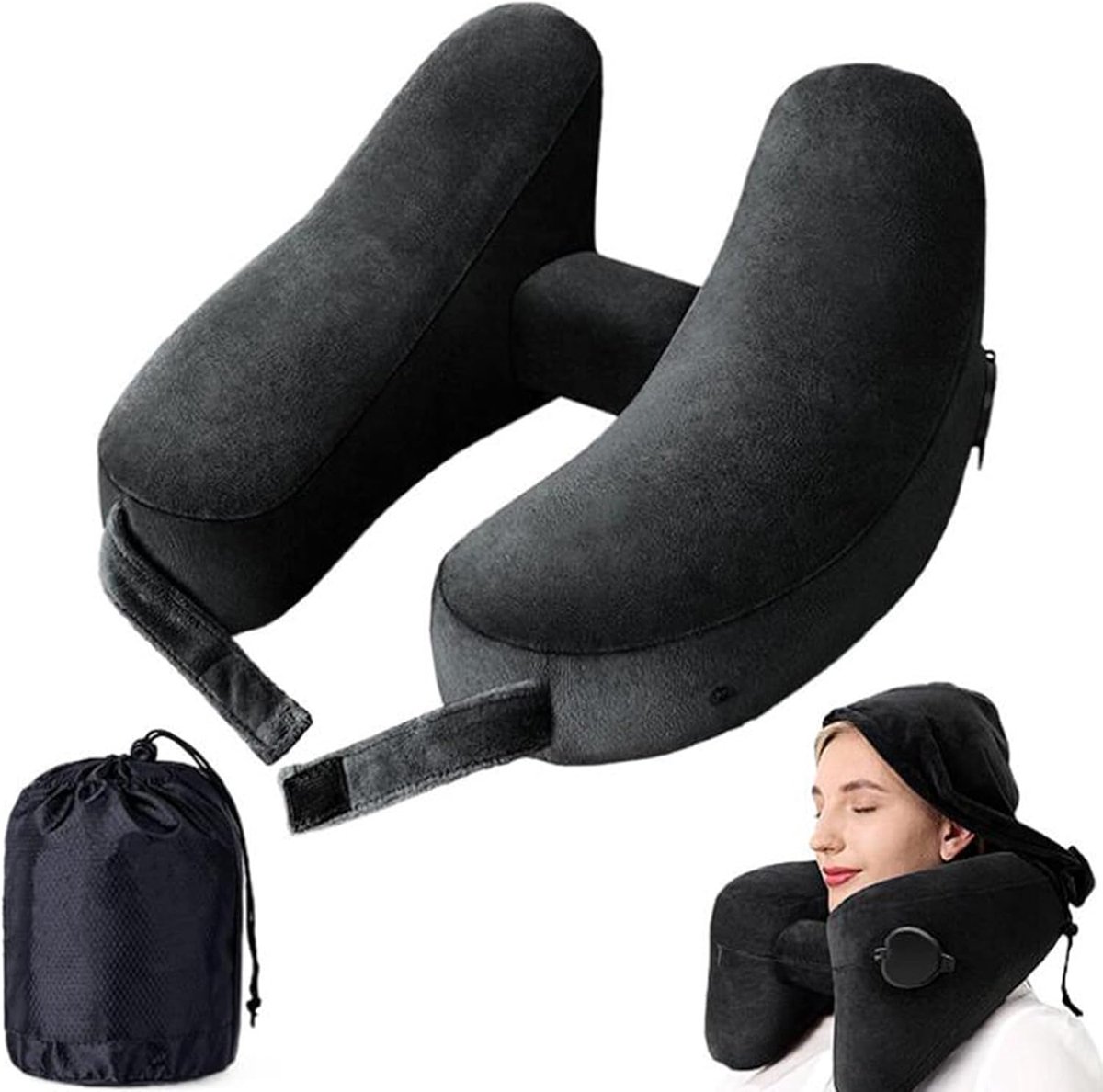Oreiller de voyage gonflable en forme de H, à capuche, pliable, léger, pour la sieste, le cou, siège de voiture, bureau, avion, coussin de couchage