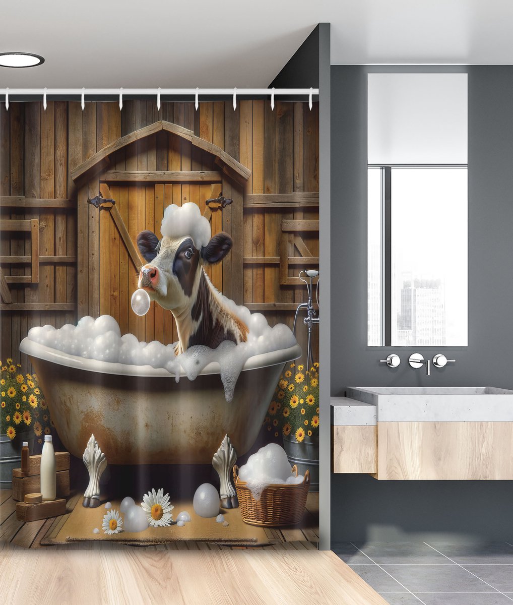 New Bed Rustiek Koe in Bubbelbad Schuur Douchegordijn Badkamer Decor Set met Haakjes, 120 cm B x 200 cm L
