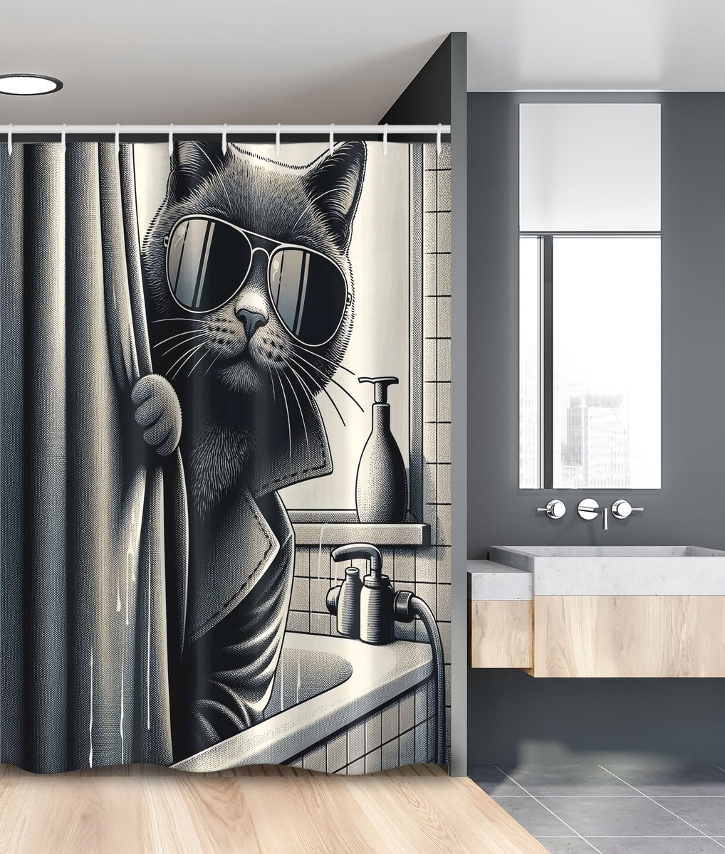 New Bed Kat Coole Detective Kitty Monochroom Douchegordijn Badkamer Decor Set met Haakjes, 120 cm B x 200 cm L