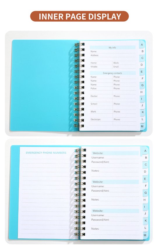 Twee dubbele pagina's van een blauw wachtwoordenboekje. Bovenste pagina's tonen "My info" en "Emergency contacts". Onderste pagina's "Emergency phone numbers".