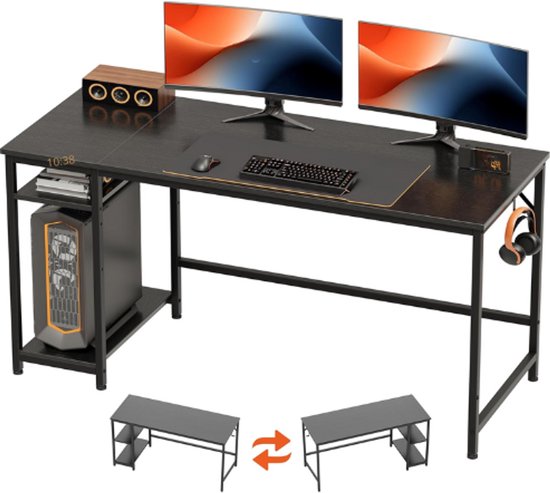 Home Office Game Tafel met Houten Opslagrek - Kleine Computer Office Tafel met Splicing Board - Moderne Computer Tafel - Studie en Schrijftafel, 152x50cm, Zwart
