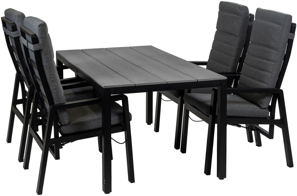 5-Delige tuinset | 4 Berlijn tuinstoelen (Black) | Tuintafel Cyprus 160x90cm (Grey)