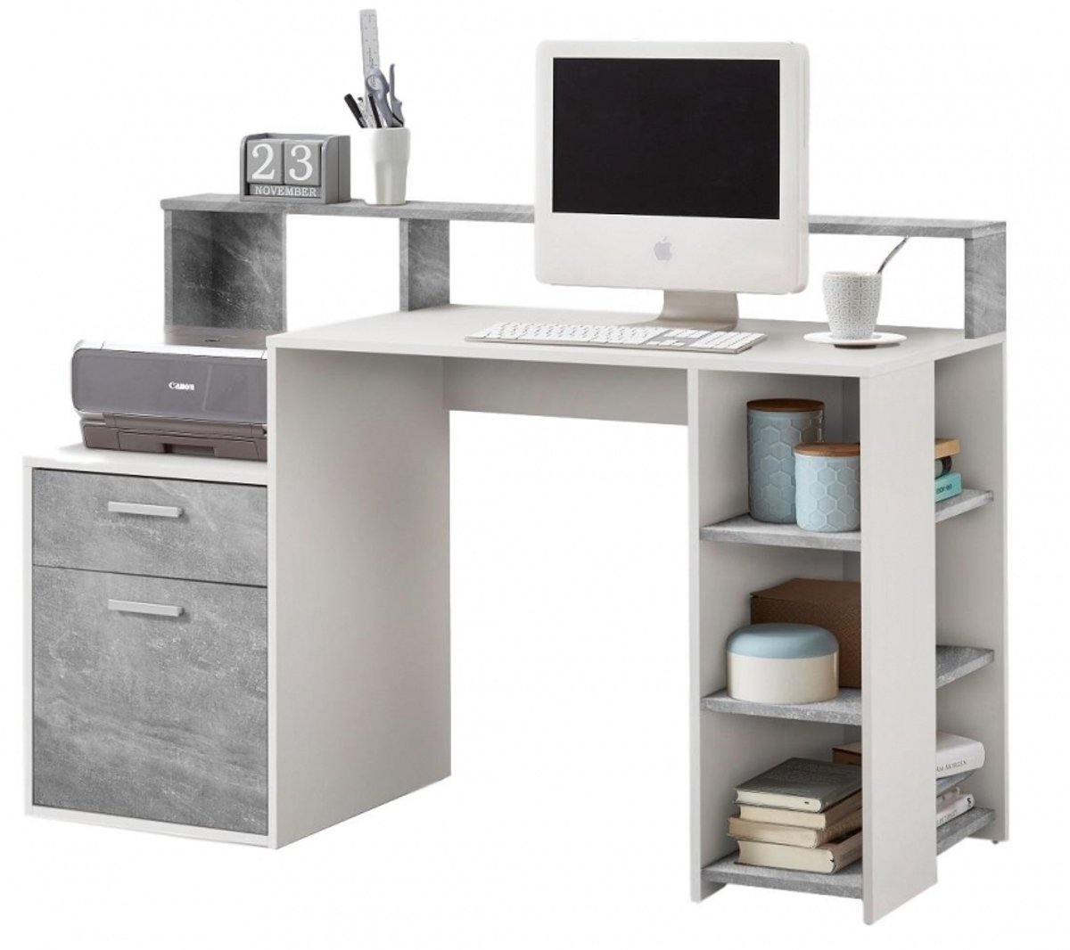 Bureau Bolton 138 breed in wit met grijs beton