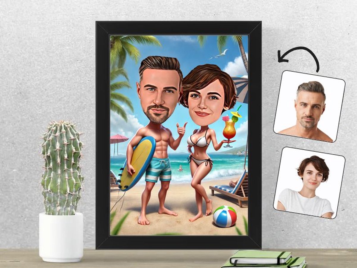 Zomers Strandavontuur met Jouw Gezicht - Gepersonaliseerde Karikatuur Fotolijst 21x30 cm - Gepersonaliseerd Cadeau - Met Jouw Foto - Verjaardag - Kerst - Valentijn - Uniek en Handgemaakt - Cadeau - Verjaardag - Kerst - Kado - Valentijn - Huwelijk - M